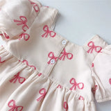 MQTIME  -  Bow Print Princess Dress Girls Puff Sleeved Dresses Summer New Casual Sweet Kids Clothes Bowknot Print Dress 2-8 Years Wear