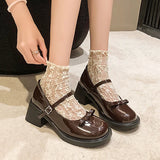 Mqtime High Heels Bowtie Mary Jane Shoes Women Autumn Buckle Strap Thick Heel Pumps Woman Patent Leather Round Toe Jk Lolita Shoes
