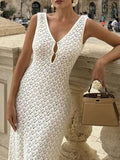 MQTIME  -  Solid Color Hollow Knitted Beach Vacation Dress Elegant Sleeveless Skinny Cover-up Dress Women Sexy Perspective Swimwear Dress