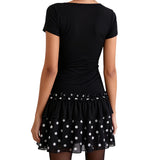 MQTIME  -  Women Dot Print Summer Dress Slim Deep V Neck Short Sleeve A-line Mini Layered Ruffle Dresses