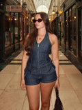 MQTIME  -  Fashion Denim High Waist Button Shorts Suit Women Sleeveless Strapless V Neck Halter Zipper Vest Set 2025 Casual Daily Lady Wear