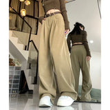 Mqtime Vintage Corduroy Loose Casual Straight Pants Women Autumn New High Waist Solid Color All Match Wide Leg Pants with Belt