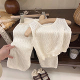 MQTIME  -  Girl's Clothing Sets Summer Korean Thin Knitted Girl Set Children Hollow Breathable Vest + Wide Leg Pants Two-piece Suit