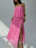 MQTIME  -  Wrinkle design slit summer fashion casual new dress beach vacation style backless strapless temperament dress