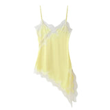  MQTIME  - Irregular Lace Stitching Mini Dress Women Satin Off Shoulder Sleeveless See Through Short Dresses Sexy Casual Summer Party Gown