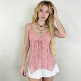  MQTIME  -  Spring and Summer Lace V-neck Lace-up Small Vest Lace-up Small Short Halter Shirt