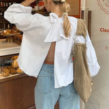 MQTIME  -  Casual Backless Bow T-Shirt Women's Top High Neck Lace-Up Lantern Sleeve Commute Loose Patchwork Fashion Female Top