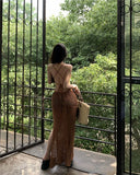 MQTIME  -  Knitted Cover Up Beach Elegant Solid Sexy See Through Bodycon Maxi Dress Flared Long Sleeves Bikinis Cover-ups For Women