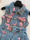 MQTIME  -  Girls Summer Denim Dress – Floral Print Collar & Belted A-Line Skirt, Korean Style Kids Fashion Princess Dress for Girls