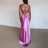 MQTIME  -  SilkySatin Dress SensualSexy VNeck LowBack Dress FigureFlatter TieBack Adjustable Dress SlimFit Evening FloorLength Gown