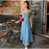 MQTIME  -  Vintage Single Breasted Denim Dress Women Suspender V-neck Sleeveless Pockets A-line Long Dresses 2024 Summer Female Casual Robe