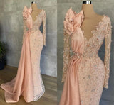  MQTIME  -  Mermaid Prom Dresses V Neck Illusion Long Sleeves Lace Appliques Crystal Beaded Hand Made Flowers Formal Customized