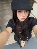 MQTIME  -  French Y2K 2 Piece Set Women Black Double Breasted Puff Sleeve Crop Top Low-Rise Mini Shorts Daily Slim Fit Party Outfit