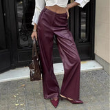 MQTIME  -  Button Red Wine Straight Pants Women High Waist Zipper Fly PU Leather Spring Summer Elegant Solid Color Slim Trousers