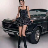 MQTIME  -  Elegant Sweet Sexy French Black Floral Print Ruffle Tiered Slim Fit Cami Mini Dress Women Square Neck Party Clubwear Daily Wear