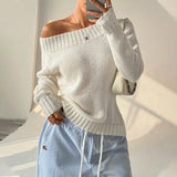 MQTIME  -  Solid Color Simple One Word Neck Hoodie with Oblique Off Shoulder, Women's Knitted Casual Sweater for Autumn and Winter