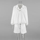 MQTIME  -  Spring/Summer Simple Lapel Lantern Sleeve Fashion Sweatshirt High-Waisted Shorts Sports Suit EU/US Commuting Women