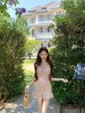 MQTIME  -  French Elegant Coquette Lace Trim Spaghetti Strap Dress Women Ruffle Hem Bodycon Ruched Waist Slim Fit Mini Dress Elegant Outfit