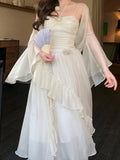 MQTIME  -  Summer French Elegant Women Midi Dresses New Vintage Folds Solid Ruffle Party Robe Fairycore Neck Mounted Fashion Lady Maxi