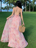 MQTIME  -  New Summer Pink Print Split Beach Dresses For Women Flower Halter-Neck Holiday Long Dress  French Elegant Female Clothes 2024