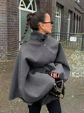 MQTIME  -  Solid Stand Collar Cape Coats Women Casual Batwing Sleeves Button Front Belted Waist Loose Poncho Outerwear Lady Daily Wear New
