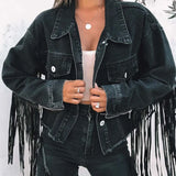 Mqtime Fashion Tassels Fringed Vintage Green Denim Boho Black Jacket For Women Casual Streetwear Jean New In Outerwears Winter Coat Top