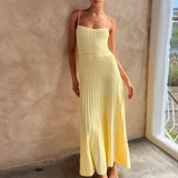 MQTIME  -  Summer New Knitted Pleated Long Dress High Waist Midi Sling Dresses Elegant Sleeveless Women Streetwear Black Bodycon Vestidos