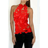 MQTIME  -  Women Floral Hollow Out Halter Vest Embroidered Backless Mock Neck Tank Top Y2K Coquette Slim Fit Crop Tops Streewear