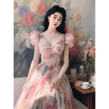 MQTIME  -  High end French Hepburn Style Unique Pink Flower Long Dress Summer Sweet Bubble Sleeve Waist Slimming Vintage Dress for Women