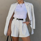 MQTIME  -  Fashion Two Piece Set Elegant Office Lady Lapel Long Sleeve Striped Print High Waist Shorts Set Gift Belt