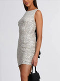 MQTIME  -  Sequined Big Bow Women Dresses Sleeveless Backless Lady Mini Dress 2024 Sexy Shinny Evening Party Sling Hip Package Female Rube