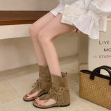  MQTIME  -  Women Bohemian Tassel Mid Calf Boots Retro Suede Clip Toe Sandal Boots Lace Up Fringe Western Cowgirl Summer Hollow Out Boots