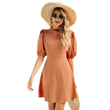 MQTIME  -  Elegant Round Neck Bubble Sleeve Short Sleeve Dress Mid-waist Solid Color A-line Lace-up Short Dress