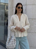  MQTIME  -  Women Elegant Chic Blouse Floral Embroidery Hollow Out Long Sleeve Buttons Shirts Spring Summer Casual Office Lady Tops