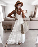 MQTIME  -  Lace Maxi Dress Strapless Hollow Out Embroidery White Dress Mujer Open Back Summer Vacation Dress A-line Lace Robes