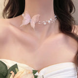 Mqtime Romantic Butterfly Pearl Tie Bow Necklace Women Luxury Silk Ribbon Sweet Chokers Collarbone Chain Temperament Jewelry Gift Party