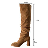 MQTIME  - New Retro Knight Boots for Women Square Toe Pleated Long Boots Female Thick Heel High Heels Autumn Winter Flock Shoes