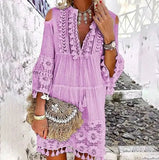 MQTIME  -  Beach Boho White Lace Fashion Eu Mini Dress Women Autumn Pop Tassel Loose V Neck Dresses Lady Female Clothing