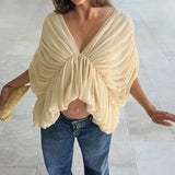 MQTIME  -  Trendy Solid Irregular High Waist Tees Sexy Deep V-Neck Bat Sleeve Beach Holiday Top Elegant Pleated Crop Exposed Loose Pullover