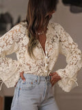  MQTIME  -  New Elegant Black With Buttons Semi-Sheer Embroidered Lace Top Sexy Cardigan Cuffs Tie Long Sleeve Shirt Summer Women's Clothing