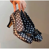MQTIME  -  Vintage Lapel Design Polka Dot Women Pumps Fashion Bowknot Tassel Horsehair High heels Spring Autumn Female Chunky Modern Shoes