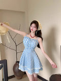 MQTIME  -  Plaid Dresses Women Bandage Sleeveless Slim Lace Patchwork Summer Fashion Sweet Elegant Party Mini Dress Female Casual