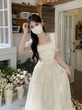 MQTIME  -  Women Dresses Square Collar Bow Bandage Ribbon Puff Short Sleeve Bow Princess Sweet Elegant Female Dress Casual