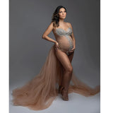  MQTIME  -  Maternity Photography Sexy Goddess V Neck Rhinestones Pearls Luxurious Stretch Jumpsuits Dress For Photo Shoot Props