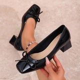 MQTIME  -  Elegant Ballet Wine Red Bowknot Medium Heel Pumps Women Summer Classic Square Toe Thick Heel Pumps Women Black Office Shoes
