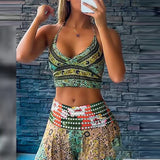 MQTIME  -   Vintage Pattern Printed Summer Holiday Set Sexy V-neck Strap Top and Long Pants Women's Suits Bohemian Sleeveless Casual Outfit