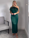 Mqtime Elegant Evening Party Dresses For Women Occasion Wear Feather Trim Off Shoulder Dress Back Slit Hem Sexy Green Midi Dress