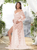  MQTIME  -  Maternity Dress Soft Stretchy Lace Off Shoulder Doubly Split A line Skirt Pregnancy Maxi Gown for Photoshoot