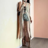 MQTIME  -  Longline Crochet Cardigan Button Front Sleeveless Sheer Open-knit Long Cover-up Jacket Women Summer Beach Vacation Outfit