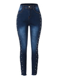 MQTIME  -  Fashion Jeans Pants Woman High Waist Slim Skinny Elastic Denim Trousers Femme Vintage Leisure Blue Beading Women Pencil Jeans